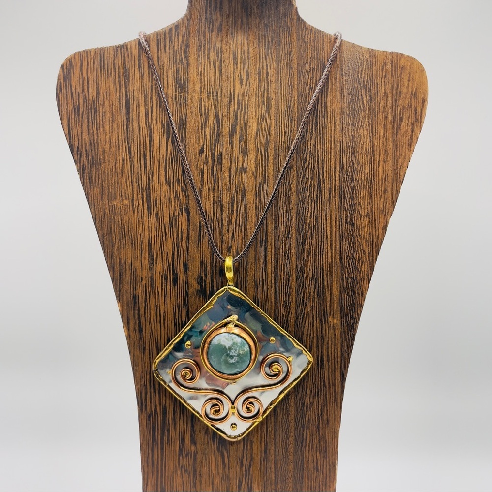 Artisan Swirl Silver, Gold and Copper Pendant Necklace with 18” Leather Cord